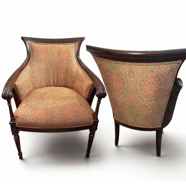 Hickory Chair Furniture Company 1960s Timeless Elegant Vintage Classical Empire Style Barrel-Back Armchairs Meticulously Crafted by the Legendary Hickory Chair Company. For Sale - Image 4 of 4