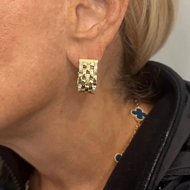 1980s Pair of Cartier Maillon Panthere Diamond 5 Row Hoop Yellow Gold Earrings For Sale - Image 13 of 16