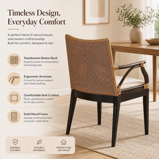 Rattan Arm Chair, Solid Mahogany Frame, Woven Backrest, Cotton Cushion, Tropical Accent Chair For Sale - Image 9 of 12