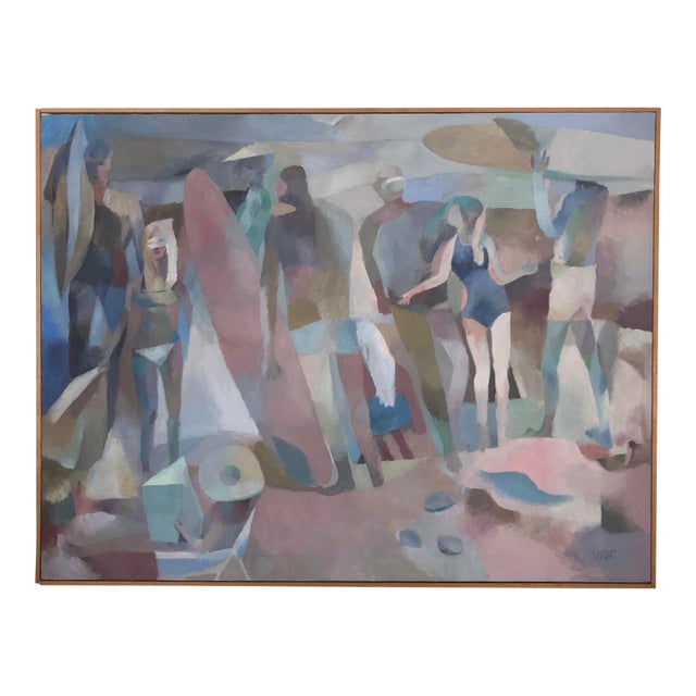 Abstract Contemporary Surfing Beach Scene Painting Signed and Dated, Framed For Sale