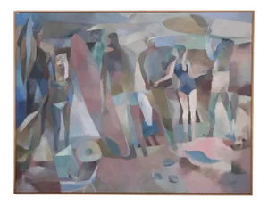 Abstract Contemporary Surfing Beach Scene Painting Signed and Dated, Framed