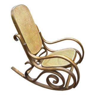 Mid 20th Century Vintage Thonet Style Bentwood Rocker Rocking Chair With Caned Seat For Sale