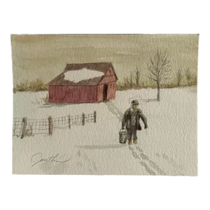 Original Watercolor Landscape by Nancy Smith “Snow on the Barn”