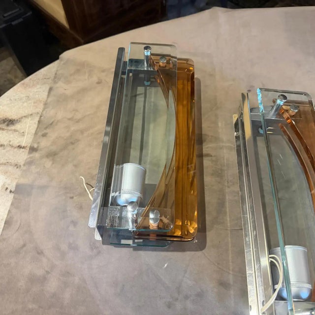 1960s Two 1960s Space Age Thick Glass and Chrome Wall Sconces by Lupi Cristal Luxor For Sale - Image 5 of 14