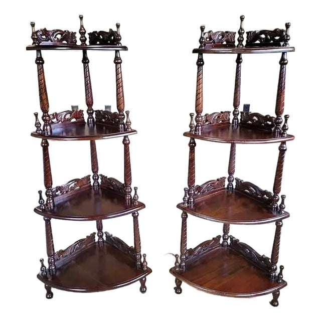 Vintage Pair of Mahogany Victorian Corner Four Tiered Shelf For Sale