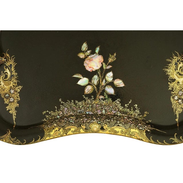Victorian English Antique Papier Mache Tray Mother of Pearl Wisteria Parlor Maid Tray 24.5" For Sale - Image 3 of 9