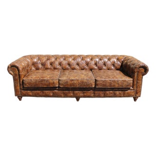 Industrial Distressed Brown Leather Chesterfield Sofa – Three Seat Tufted Sofa With Nailhead Trim & Casters For Sale