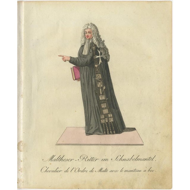Maltese Knight in Beaked Cloak: 1791 Hand-Colored Engraving of Ceremonial Dress This remarkable hand-colored engraving,...