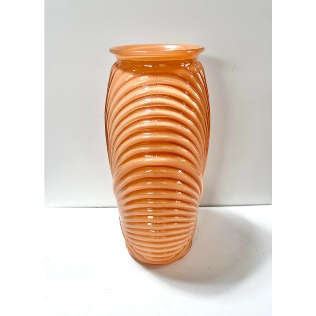 1980s Anchor Hocking Art Deco Revival Draped Fan Glass Vase – Amber Orange Pressed Glass For Sale - Image 10 of 10