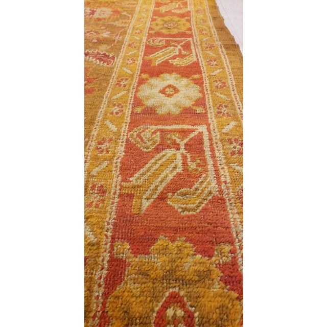 Textile Antique Oushak Carpet, Oriental Rug, Handmade Green, Saffron, Ivory and Coral For Sale - Image 7 of 11