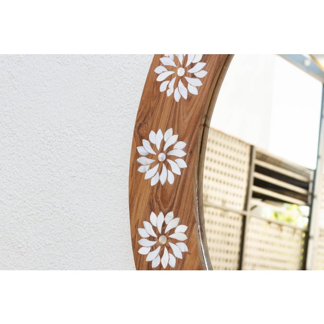 Large Teak Mother of Pearl Inlay Round Mirror For Sale In Los Angeles - Image 6 of 8
