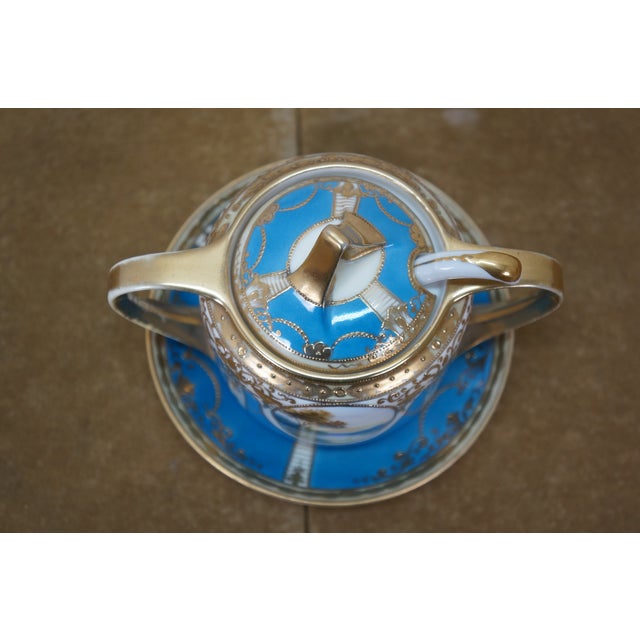 Noritake Antique Noritake Turquoise Blue & Gold Lidded Sugar Bowl W/ Spoon For Sale - Image 4 of 18