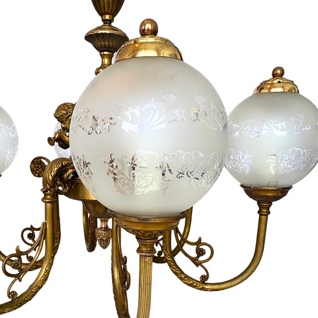 Antique Louis XV French Gilt Bronze Figural Chandelier with 6 Etched Globes, 1890 For Sale - Image 5 of 8