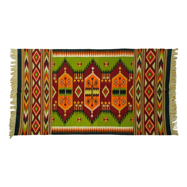 Vintage Romanian Kilim-Style Handwoven Wool Rug, 1970s For Sale