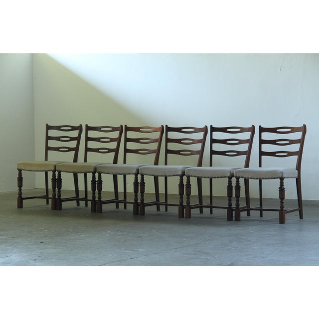 Brutalist Dark Oak Chairs in Light Upholstery, Denmark, 1960s, Set of 6 For Sale - Image 15 of 15