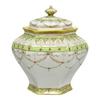 Antique Nippon Noritake Hand Painted Porcelain Gold Gilt Draped Biscuit Jar For Sale