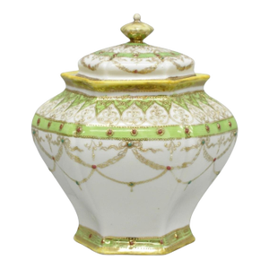 Antique Nippon Noritake Hand Painted Porcelain Gold Gilt Draped Biscuit Jar