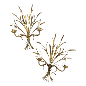 Vintage Italian Wheat Sheaf Wall Sconces – Pair of Gilt Tole Metal Hollywood Regency Sconces - a Pair