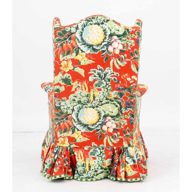 Red Foliate Pattern Upholstered Wingback Armchair For Sale - Image 8 of 8