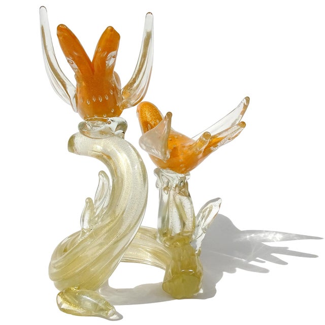 Glass Vintage Murano Gold Flecks Orange Bullicante Technique Italian Art Glass Birds Branch Sculpture For Sale - Image 7 of 8
