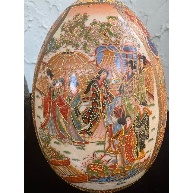 Vintage Hand-Painted Chinese Porcelain Decorative Egg Sculptures on Wooden Bases– Set of 2 – 5.5” For Sale - Image 9 of 12