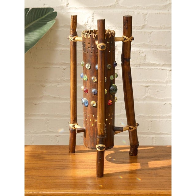 Vintage 1970s Bamboo & Rattan Sculptural Table Lamp With Glass Cabochons. For Sale - Image 9 of 12
