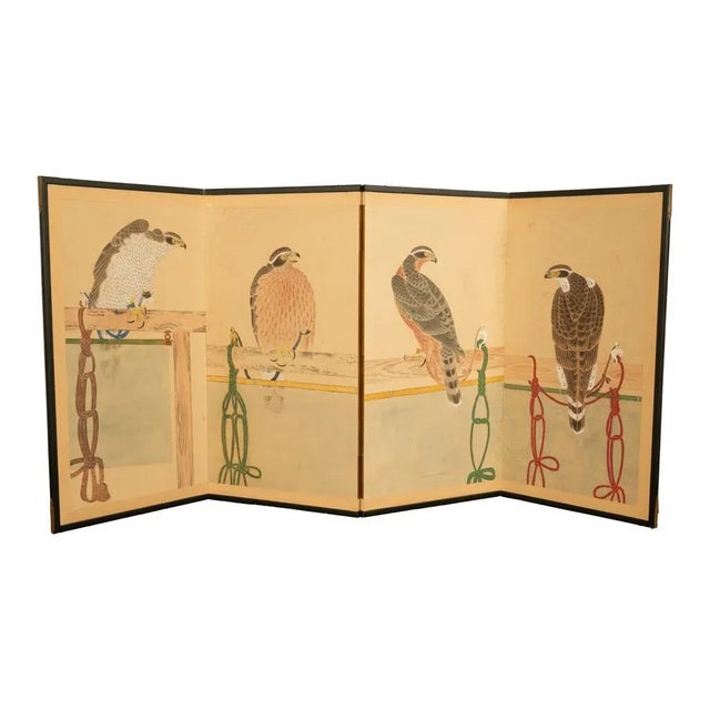 Tan Pair Antique Japanese Edo Falcon Hawk Birds of Prey Takagari Screens 1880 For Sale - Image 8 of 18