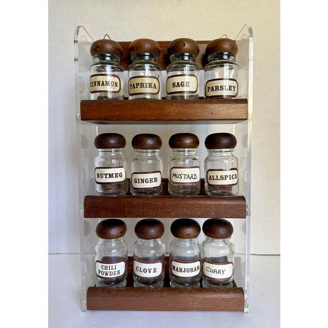 MCM Acrylic and Wood Glass Bottle Spice Rack For Sale - Image 9 of 10