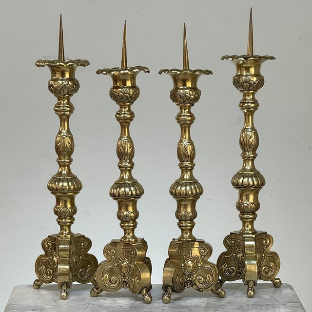 Renaissance Set of Four Late 17th Century French Renaissance Brass Altar Candlesticks For Sale - Image 3 of 18