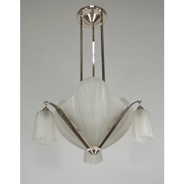 Art Deco Petitot & Muller Freres French Art Deco Nickeled Bronze & Frosted Glass Modernist Chandelier 1930s For Sale - Image 3 of 12
