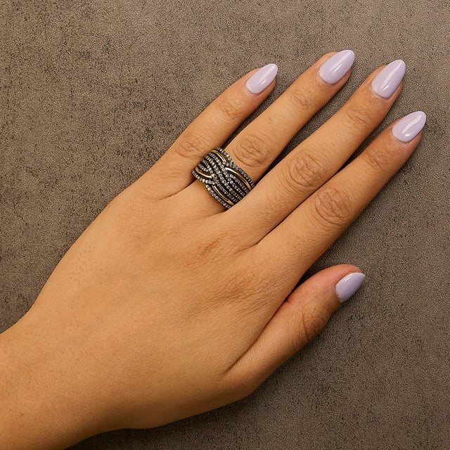 Early 21st Century 10K Yellow Gold Plated .925 Sterling Silver 1.0 Cttw Champagne Diamond Multi Row Cross Over Band Ring - Size 7 For Sale - Image 5 of 6