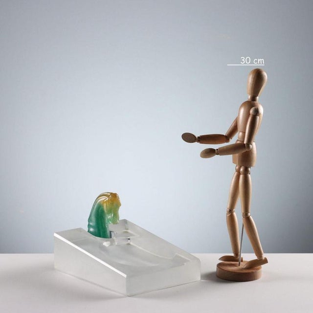 Clear and frosted glass desk organizer with a polychrome horse's head. Engraved manufacturer's logo. Original box. This...