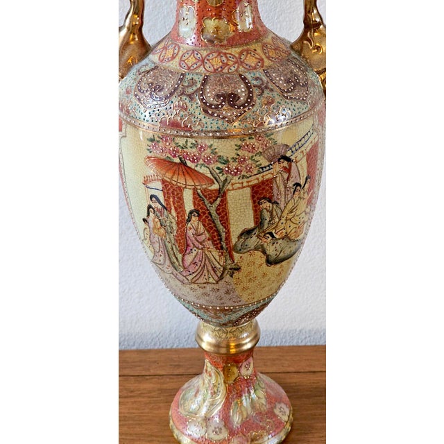 Vintage Japanese Satsuma Hand-Painted Moriage Urn Vase - 16.5” Tall For Sale - Image 15 of 17