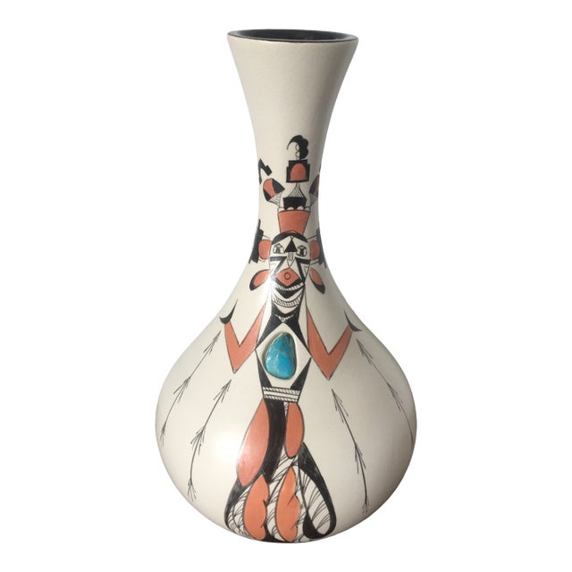Hand Painted Corn Maiden Pottery Vase With Turquoise Stone Inlay For Sale