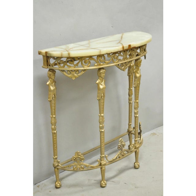 Antique Gothic Revival Oscar Bach Style Figural Bronze & Onyx Gold Console Table For Sale - Image 15 of 16