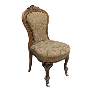 Antique Victorian Mahogany Child’s Chair W Needlepoint For Sale
