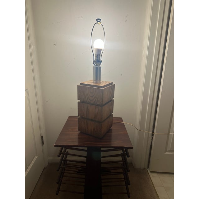 Mid-Century Modern Brutalist Stacked Wood Block Table Lamp Base For Sale In Philadelphia - Image 6 of 8
