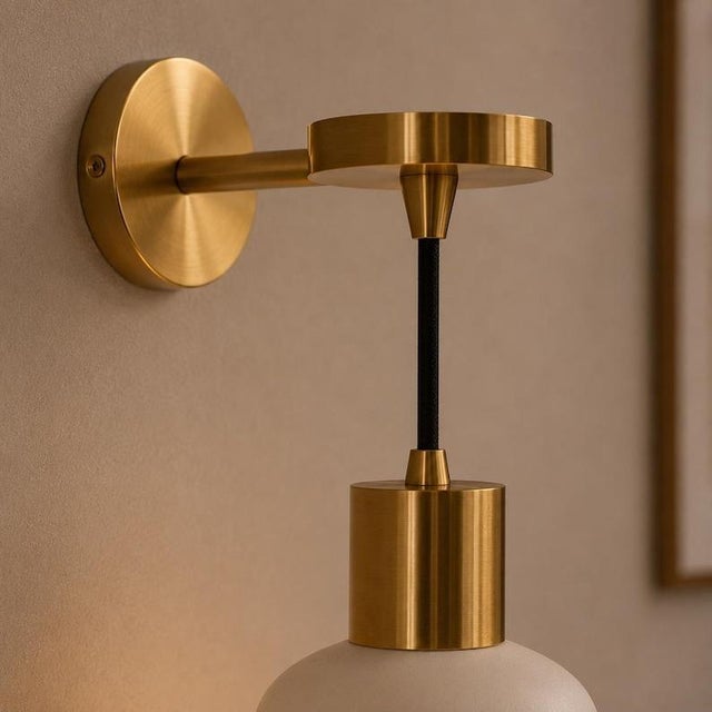 Handmade Brass Wall Sconce With White Shade | Mid-Century Modern Hallway Lighting For Sale - Image 13 of 13