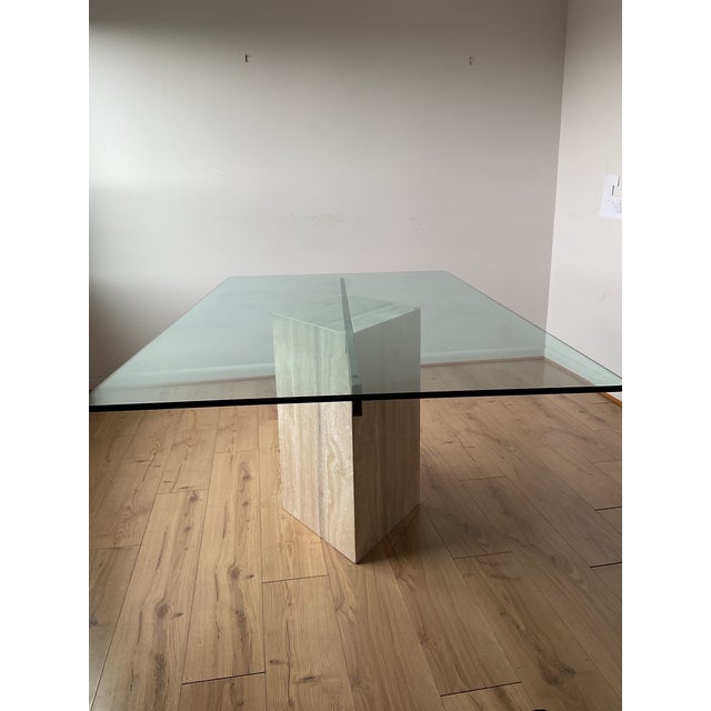 Tan Stellar Vintage Italian Travertine Single Diamond Base Glass Dining Table For Sale - Image 8 of 11