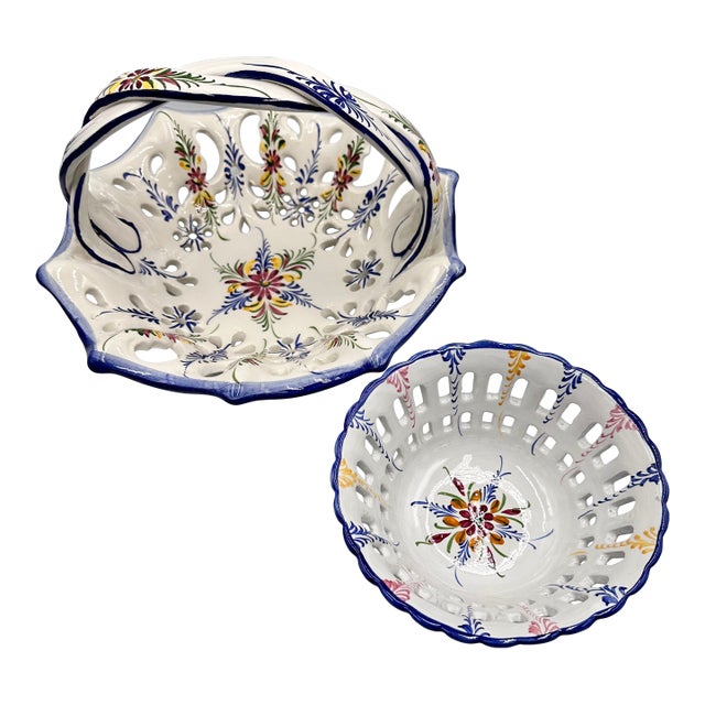 RCCL Ceramic Hand Painted Floral Fruit Basket Braided Handle & Bowl Set Portugal For Sale
