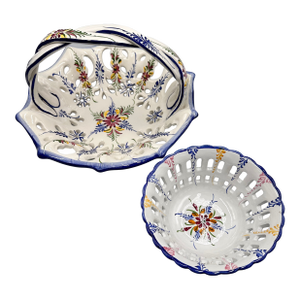 RCCL Ceramic Hand Painted Floral Fruit Basket Braided Handle & Bowl Set Portugal