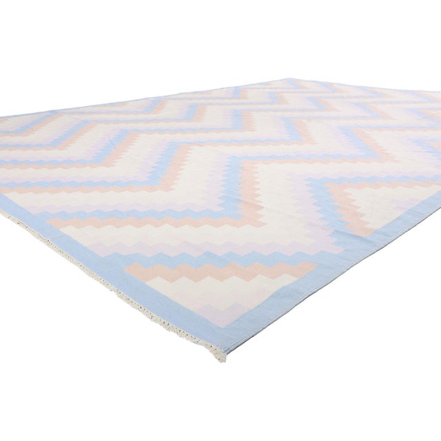 79602 Vintage Indian Dhurrie Rug, 10'02 x 14'01. The Whispered Chevron: A Vintage Indian Dhurrie of Nordic Desert Serenity...