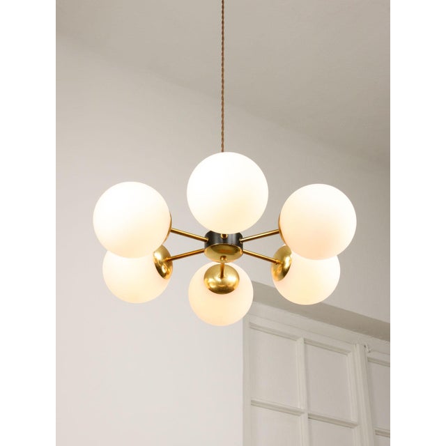 Vintage Italian Six-Arm Sputnik Chandelier with Opaline Shades For Sale - Image 6 of 18