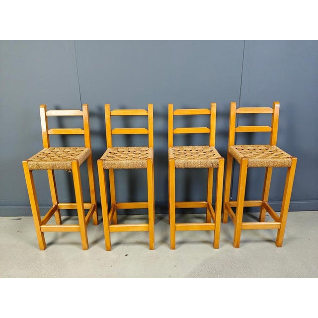 Vintage Oak and Papercord Bar Stools, 1960s, Set of 4 For Sale - Image 13 of 15