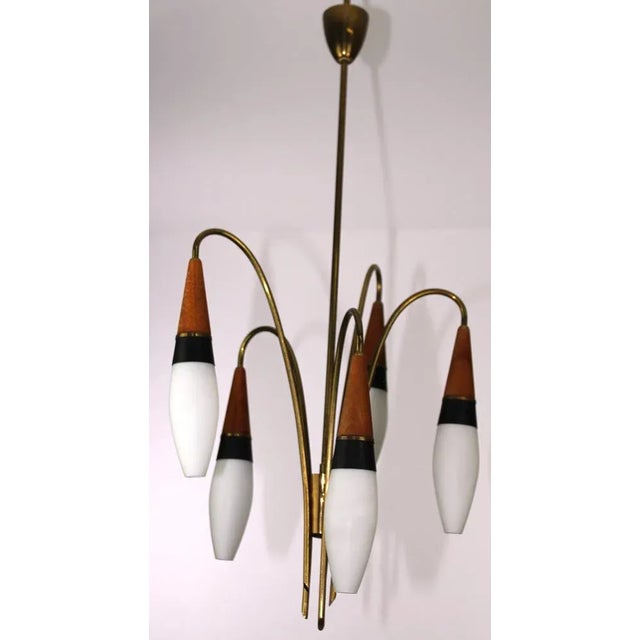 Representative 5-light chandelier made of brass with shades of white layered matt opal glass, sockets for candle bulbs...