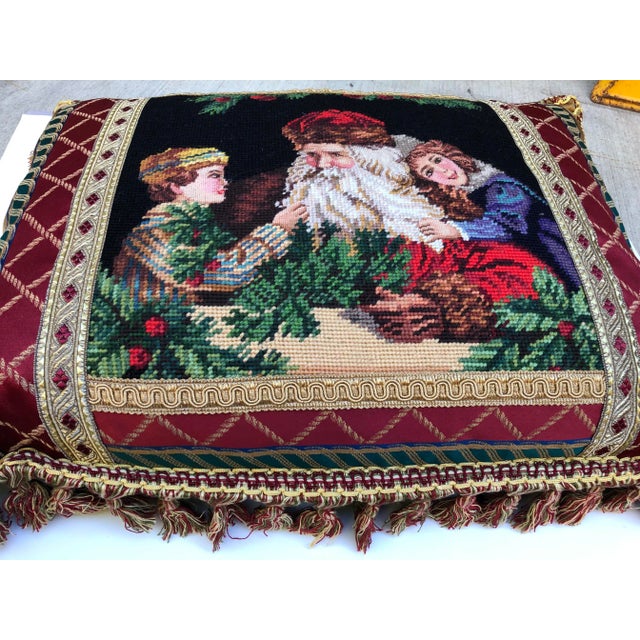 Santa with Children needlepoint pillow with multi-color passementerie. Circa 1980’s. Back covered in black velvet. Down...