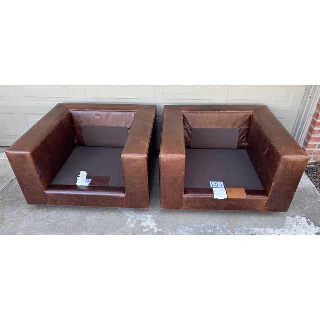 Restoration Hardware Maddox Brown Leather Down Filled Club Lounge Chairs a Pair For Sale - Image 11 of 15