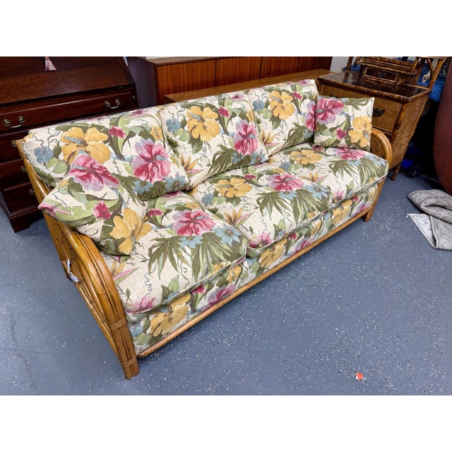 Contemporary Contemporary Lane Venture Rattan Floral Sunroom Sofa For Sale - Image 3 of 12