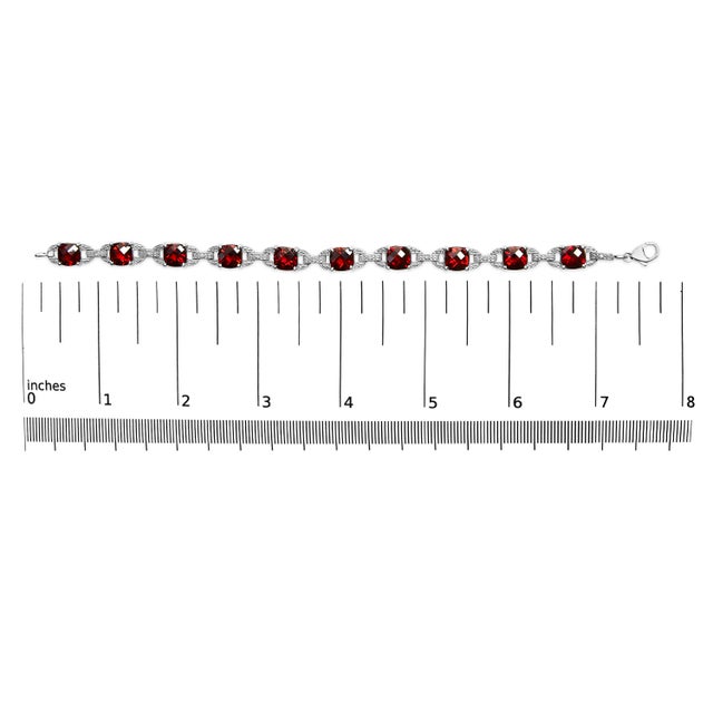 Early 21st Century .925 Sterling Silver 7x7mm Checkered Cushion Red Garnet and Diamond Accent Fashion Tennis Link Bracelet (I-J Color, I1-I2 Clarity) - Size 7" Inch For Sale - Image 5 of 5