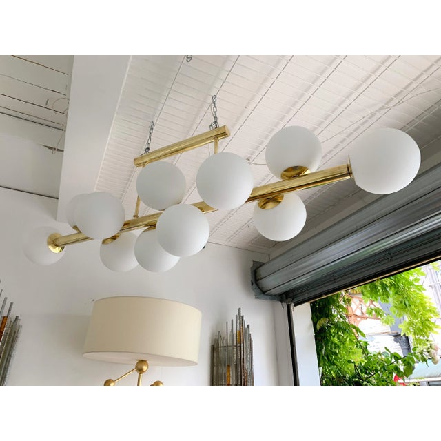 Brass Contemporary Long Brass Chandelier Opaline. Italy For Sale - Image 8 of 11